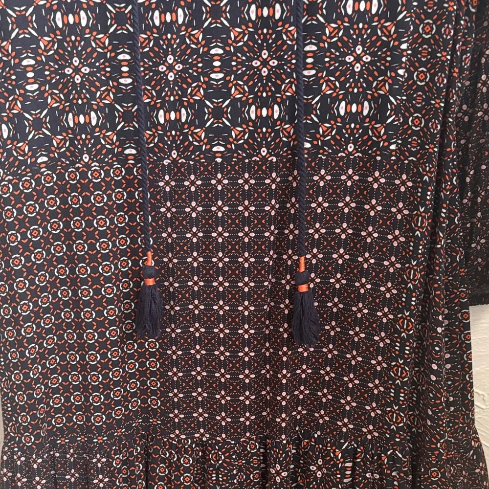 Liverpool Navy and Orange Printed Tie-Front 3/4  Sleeve Dress - Picture 4 of 6